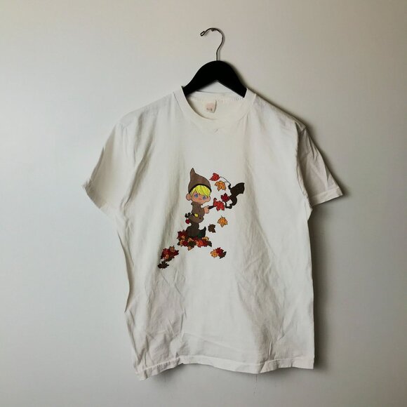Vintage Autumn Elf T Shirt Fall Leaves Fruit of the Loom Graphic Tee USA White - Picture 10 of 14